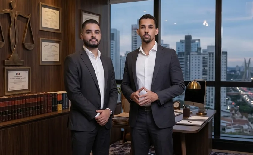 Os advogados Lucas Almeida de Aquino e Ailton da Silva Tanan, da AST Advogados, no escritório