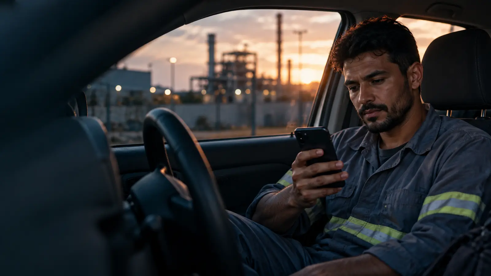 Advogado bancário em Camaçari: trabalhador de uniforme, depois do turno, confere no carro a mensagem do advogado no celular