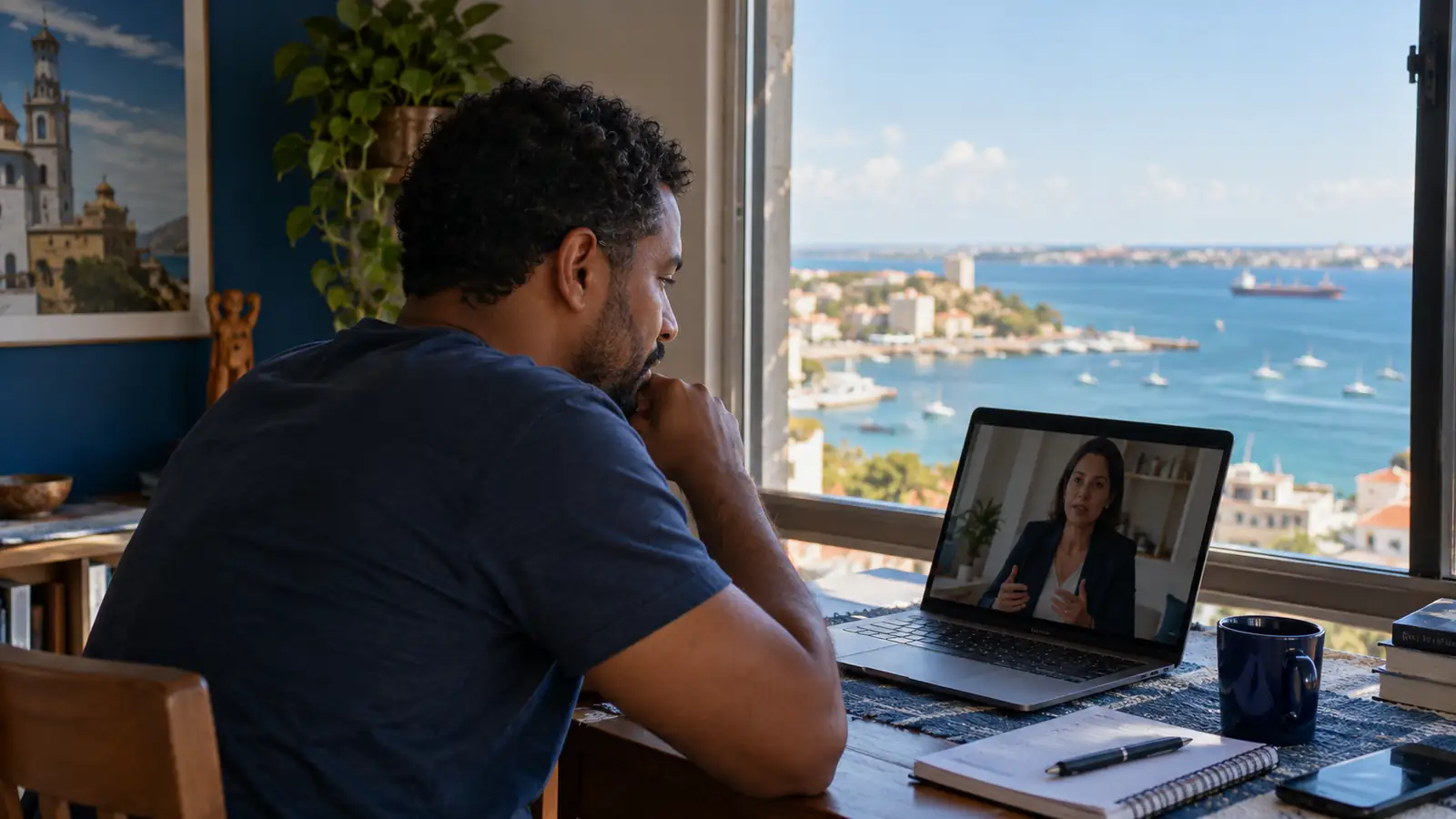 Advogado bancário em Salvador: homem em apartamento em Salvador conversa com um advogado por videochamada, com vista para a baía