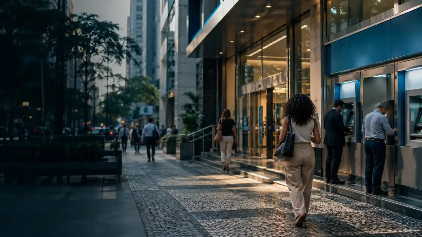 Pessoas caminhando em frente a agências bancárias e caixas eletrônicos no centro da cidade