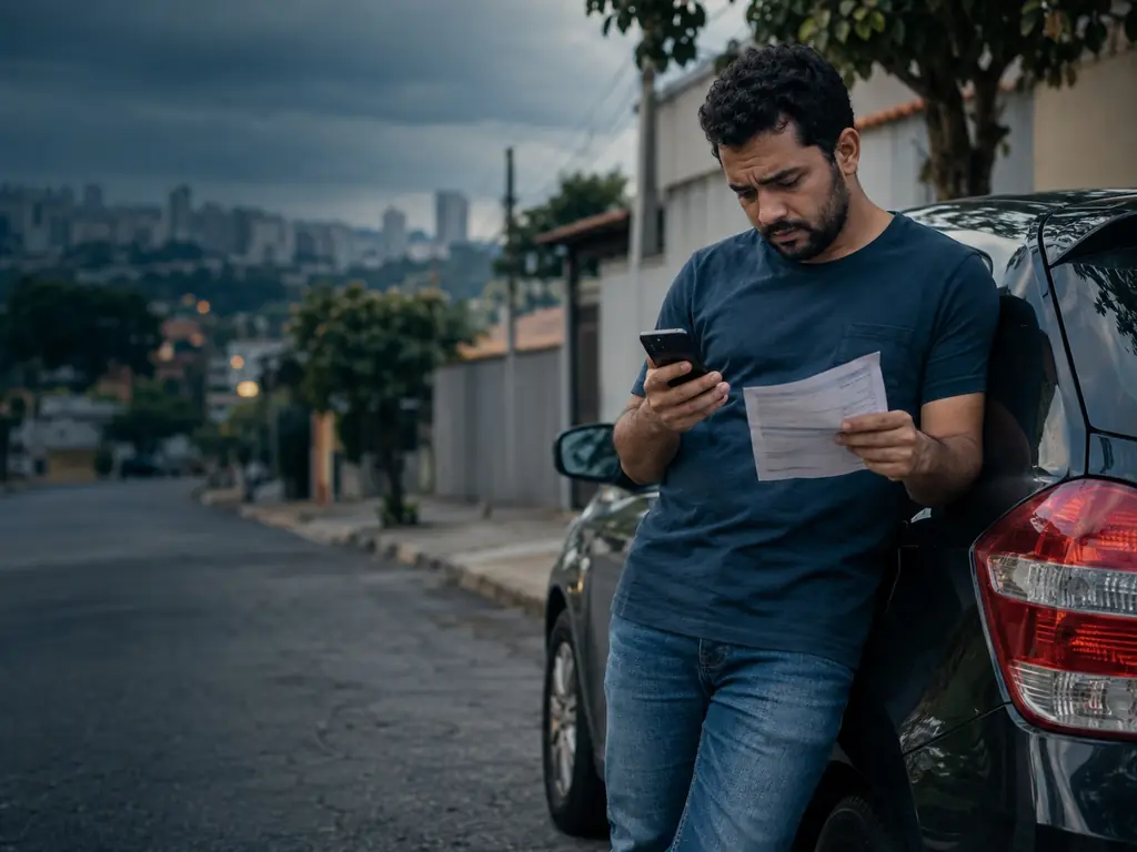 Homem preocupado encostado no carro estacionado na rua, com o celular e um boleto na mão