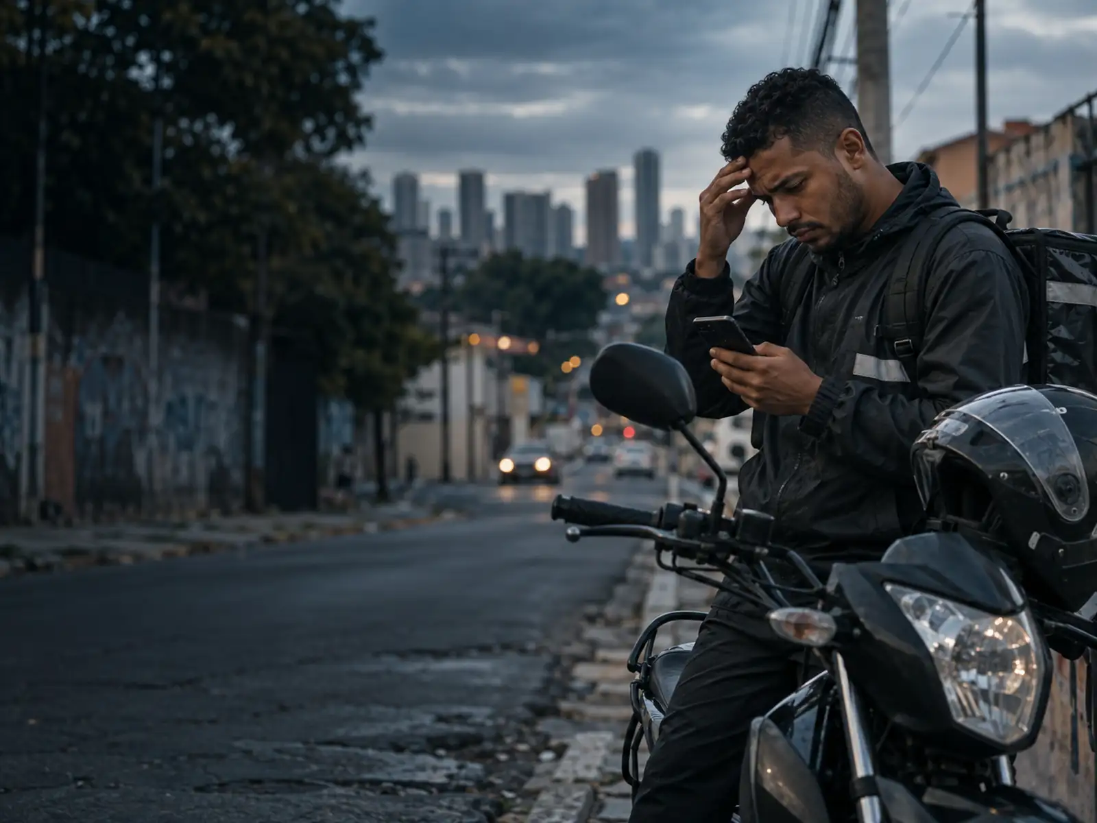 Motoboy ao lado da moto na rua olha uma notificação no celular, preocupado