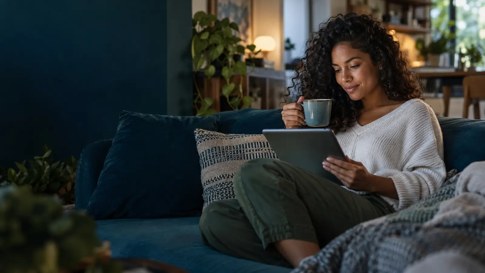 Blog de direito bancário: mulher lendo um artigo no tablet no sofá, com uma xícara de café
