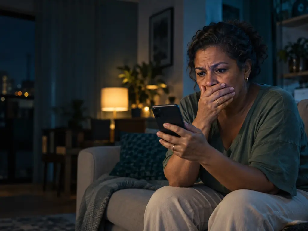 Mulher em choque olhando o celular em casa, com a mão na boca, depois de cair em um golpe do Pix