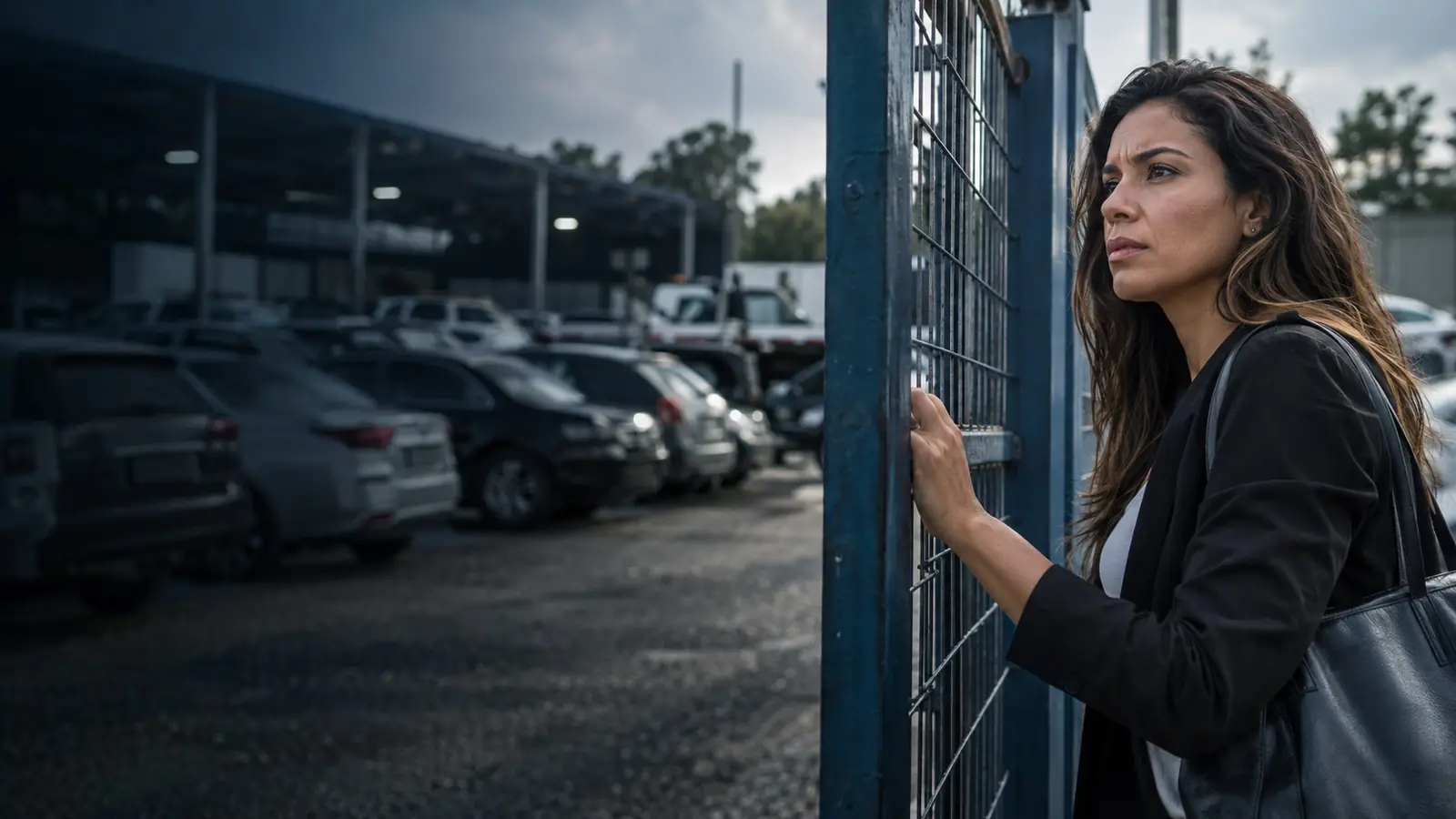 Mulher no portão de um pátio de veículos apreendidos, olhando os carros