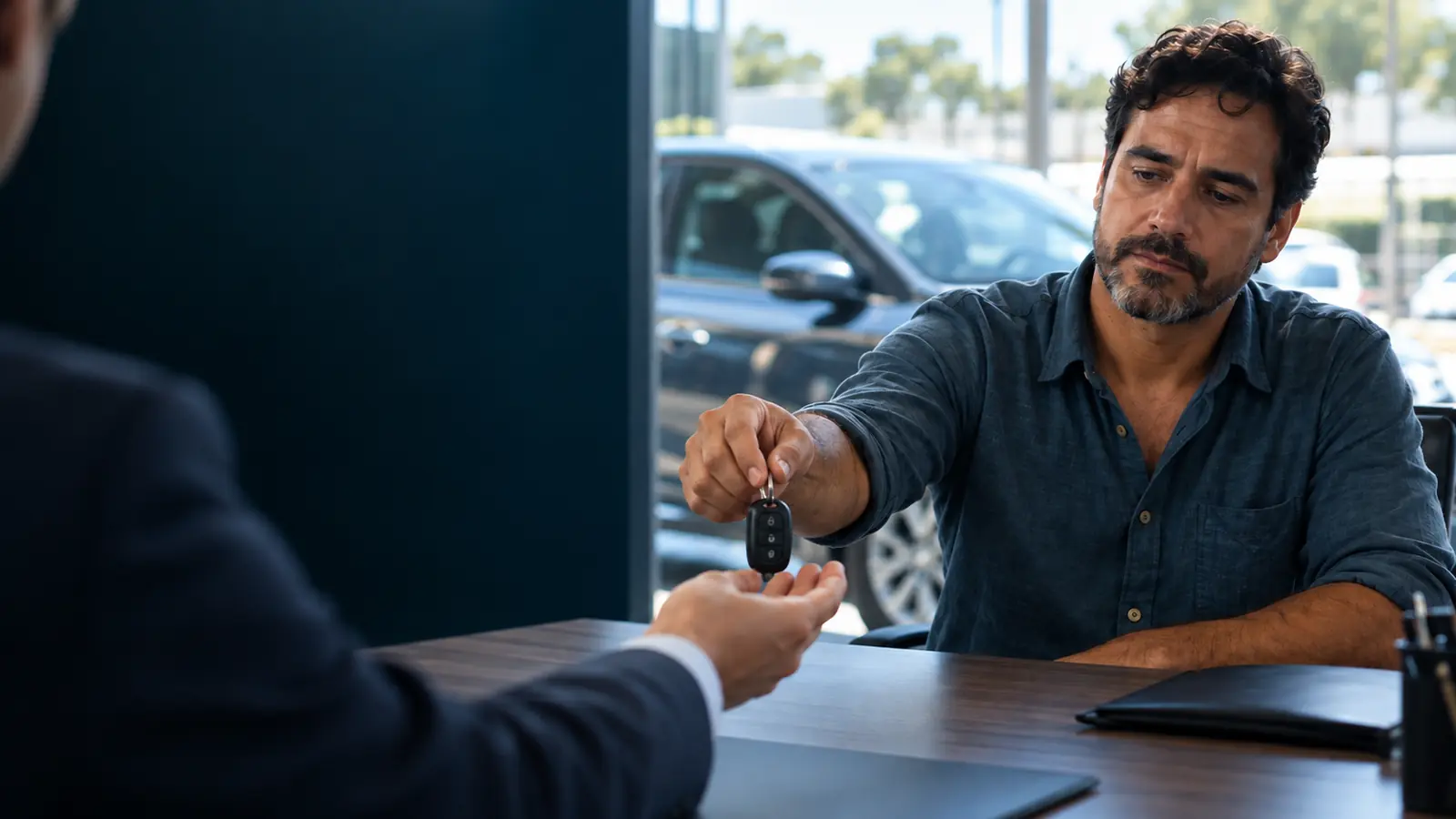 Homem entregando a chave do carro sobre uma mesa, hesitante, com o veículo estacionado do lado de fora