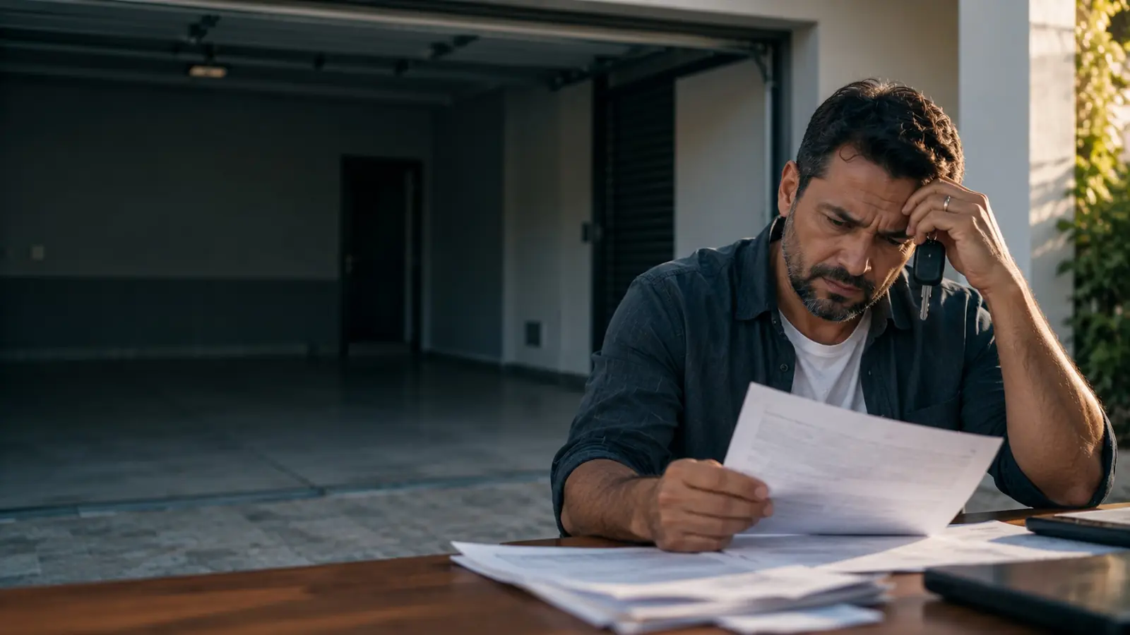 Homem lendo uma carta de cobrança com a chave do carro na mão e a garagem vazia ao fundo