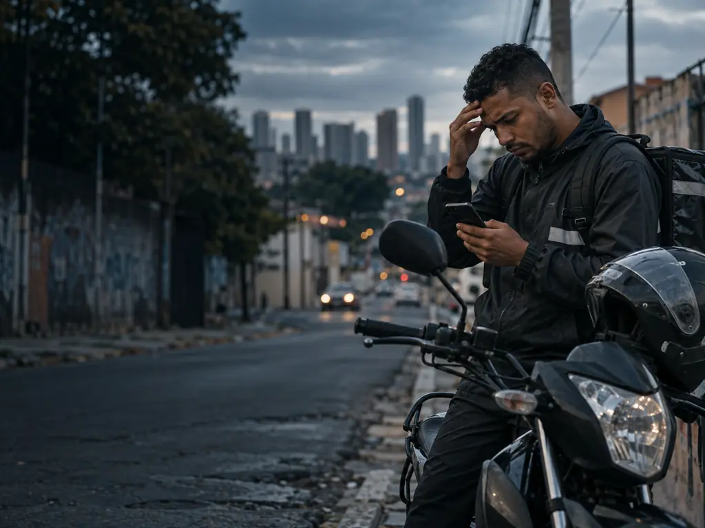 Busca e apreensão de moto: motoboy ao lado da moto na rua olha uma notificação no celular, preocupado