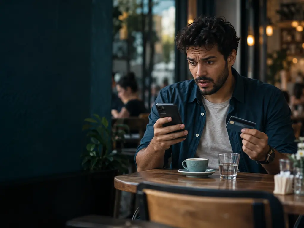 Cartão clonado: homem em um café vê compras desconhecidas no celular segurando o cartão