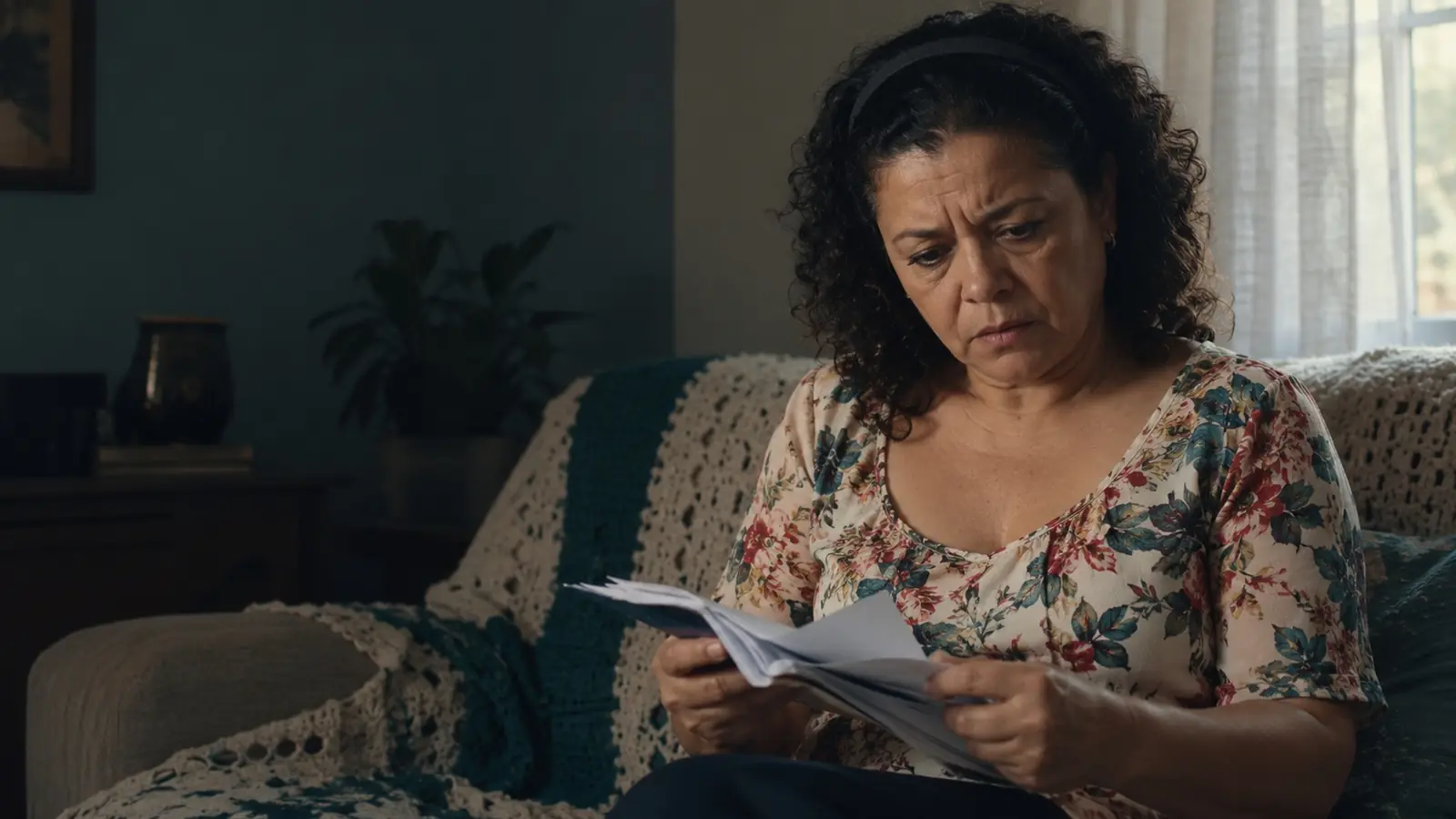 Mulher no sofá folheando um carnê de pagamento, desconfiada