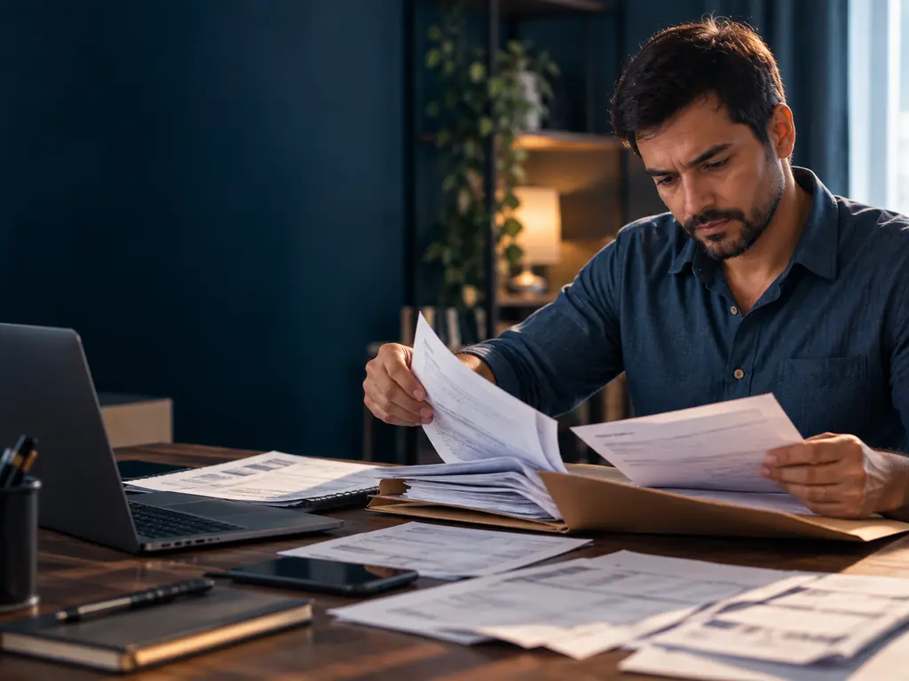 Como processar um banco: homem organiza extratos, prints e contrato em uma pasta para reunir provas contra o banco