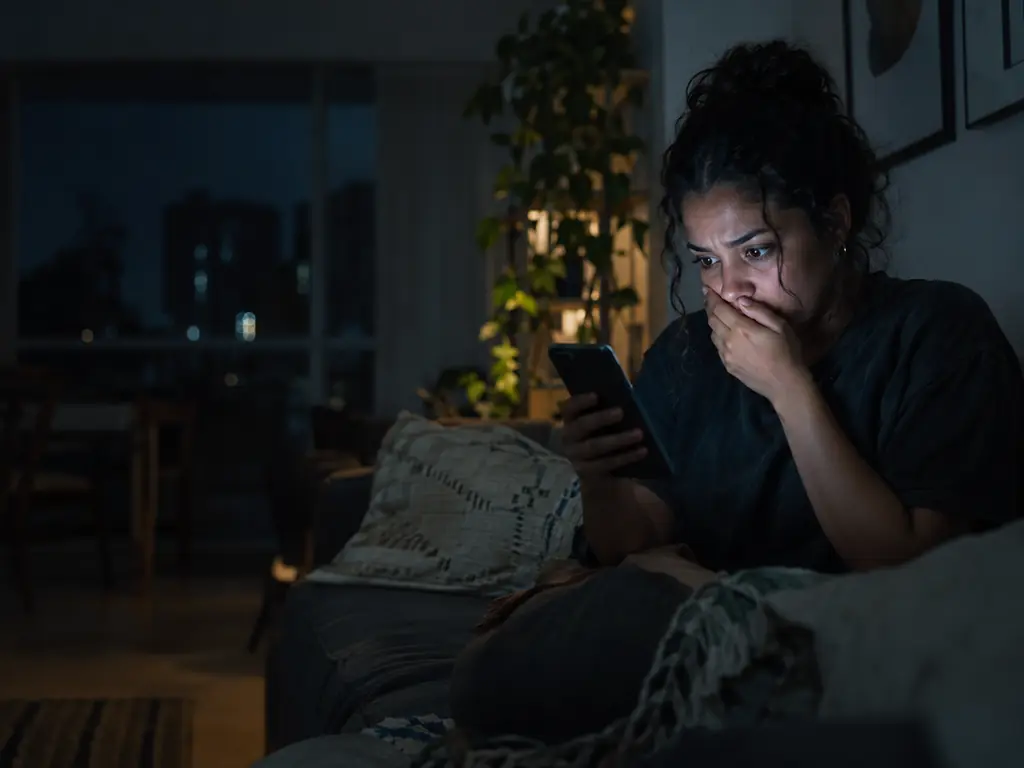 Como saber se minha conta do banco foi invadida: mulher à noite vê alertas de segurança no aplicativo do banco, assustada