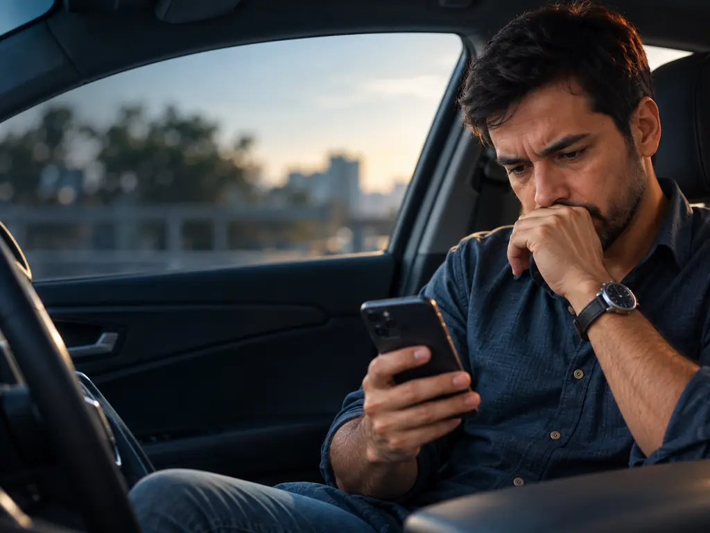 Como saber se o carro está com busca e apreensão pelo CPF: homem dentro do carro estacionado consulta processos no celular, preocupado