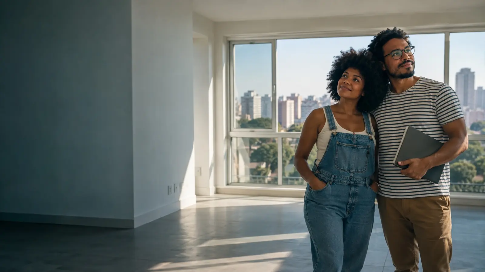 Casal em um apartamento vazio à venda, com uma pasta na mão, esperançoso