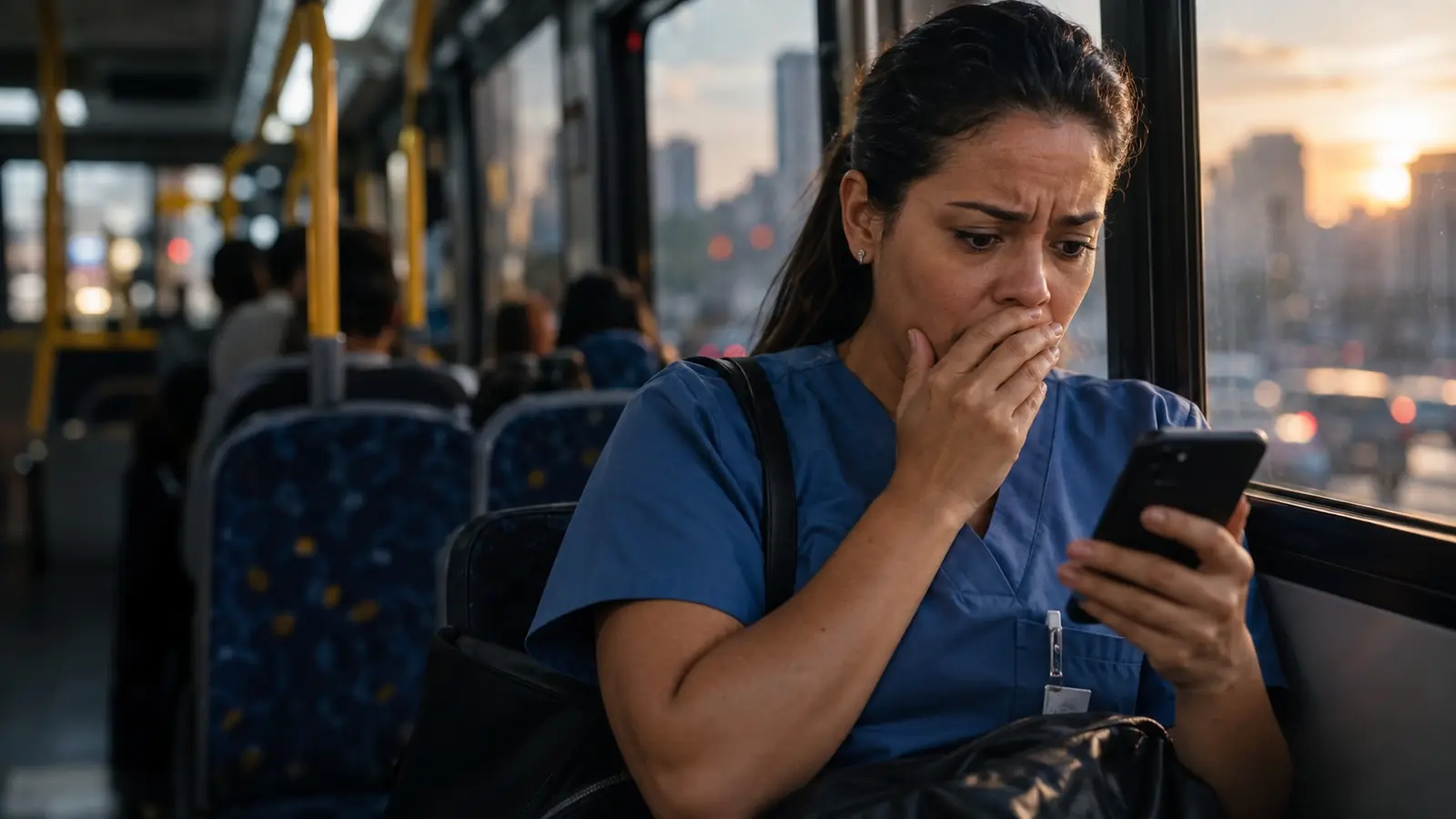 Enfermeira no ônibus surpresa com a mensagem de conta encerrada no celular