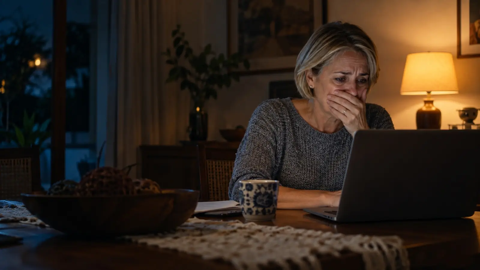 Mulher decepcionada diante do notebook ao ver a poupança bloqueada