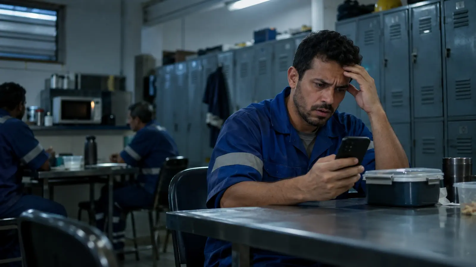 Trabalhador de uniforme olhando no celular o salário bloqueado