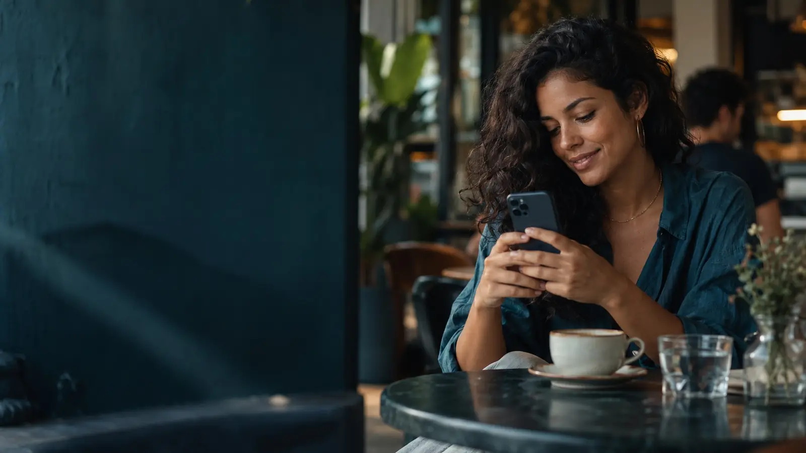 Contato da AST Advogados em Feira de Santana: mulher enviando mensagem pelo celular em uma mesa de café