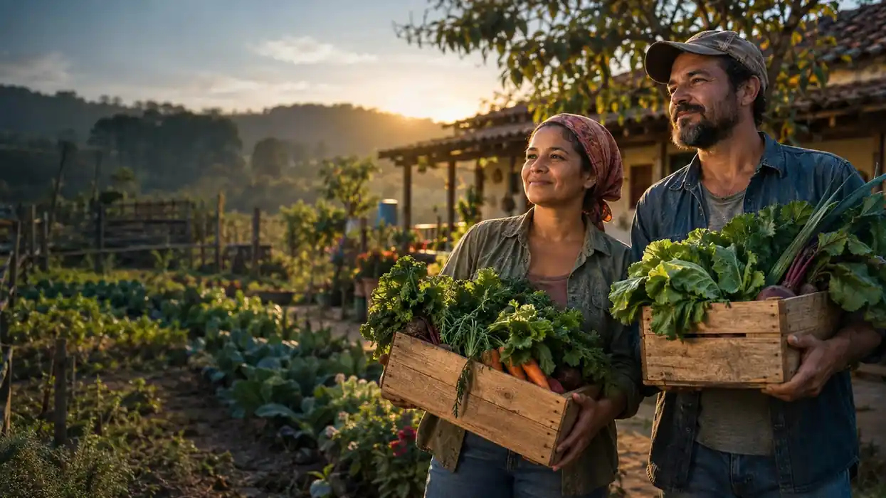 Casal de agricultores familiares segurando caixas de verduras em frente ao sítio