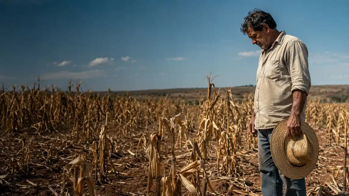 Agricultor com o chapéu na mão olhando a plantação de milho perdida na seca