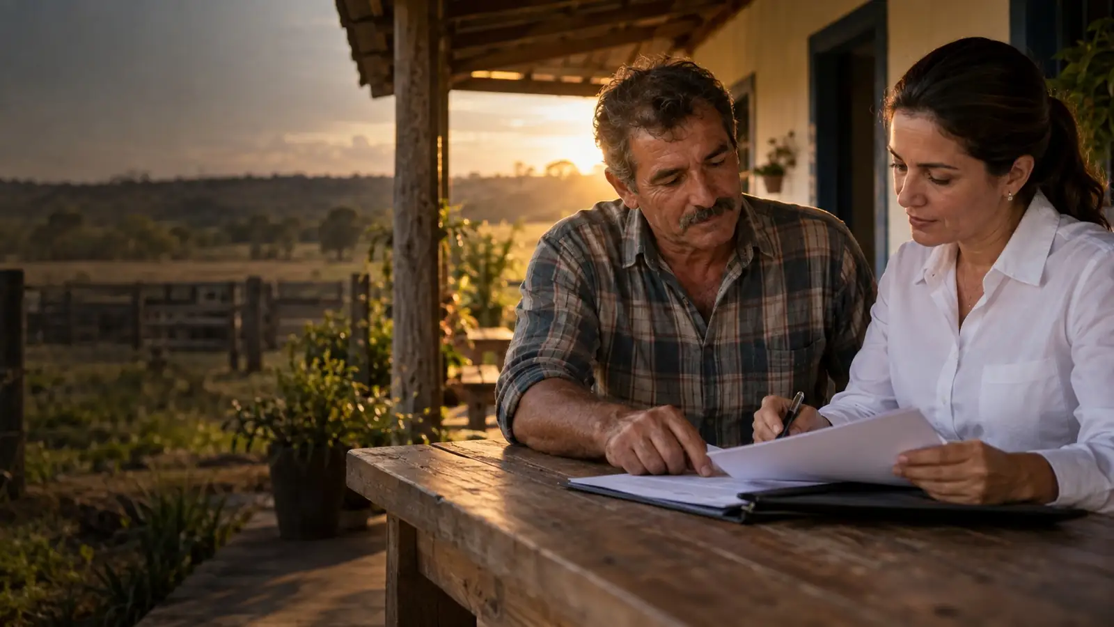 Produtor rural revisa um contrato de crédito rural com uma advogada na varanda da fazenda