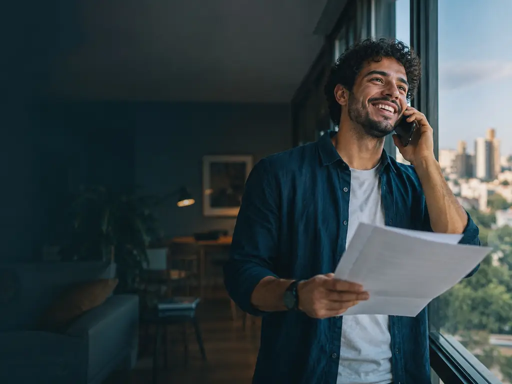Homem sorrindo ao telefone perto da janela, segurando documentos