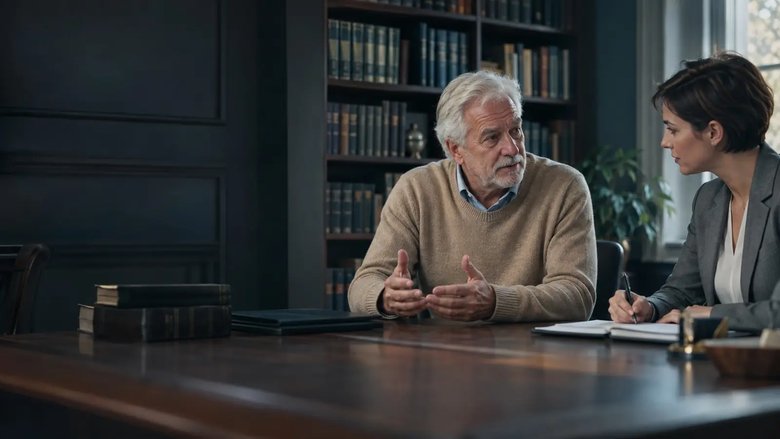 Senhor conversando com uma advogada sobre uma dívida que assinou como avalista