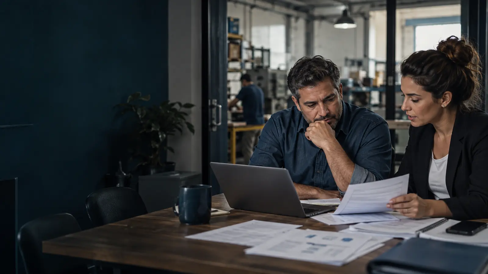 Empresário e contador analisam contratos bancários e o fluxo de caixa no notebook