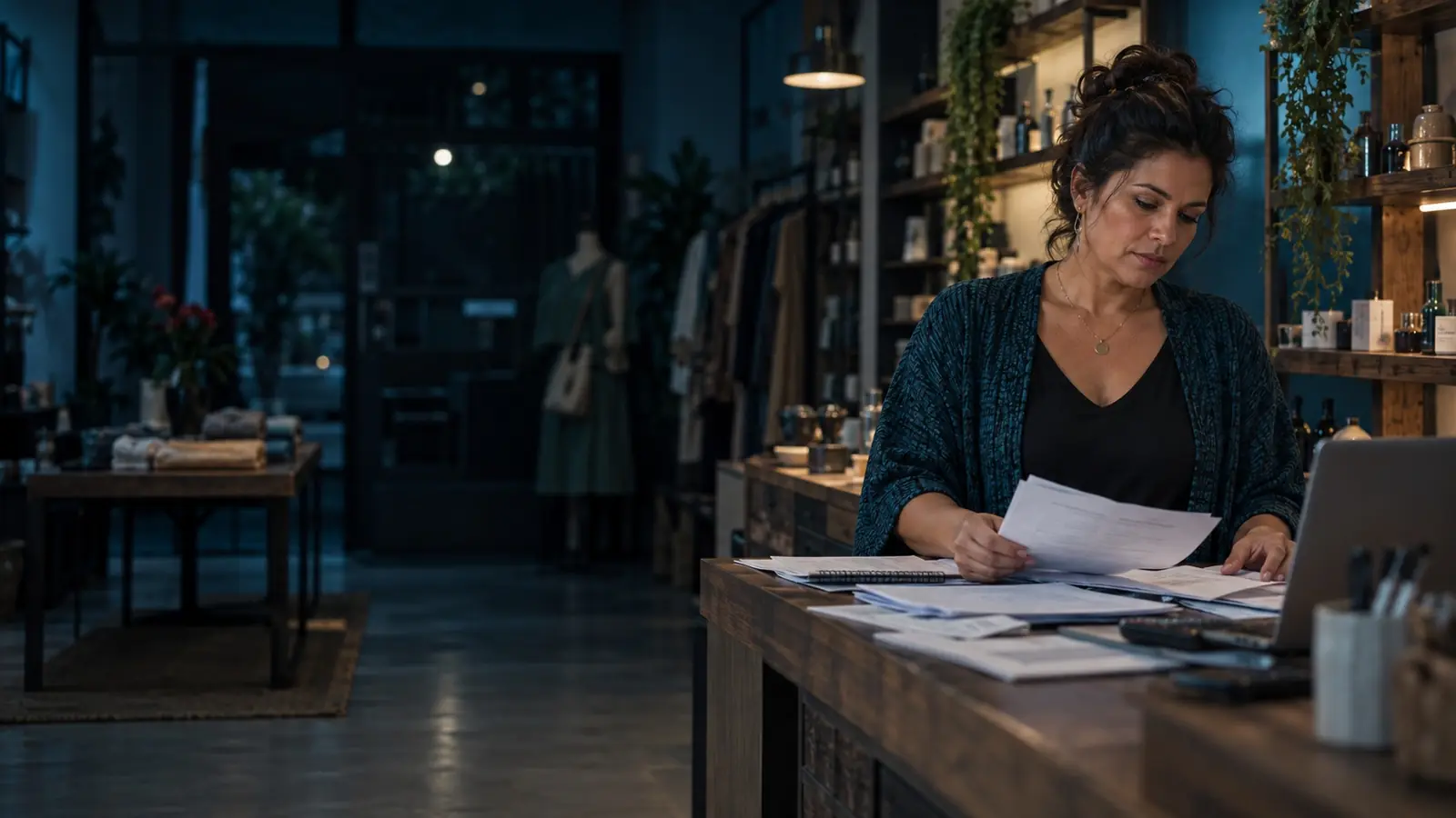 Dona de loja revisando documentos do banco no balcão depois do expediente