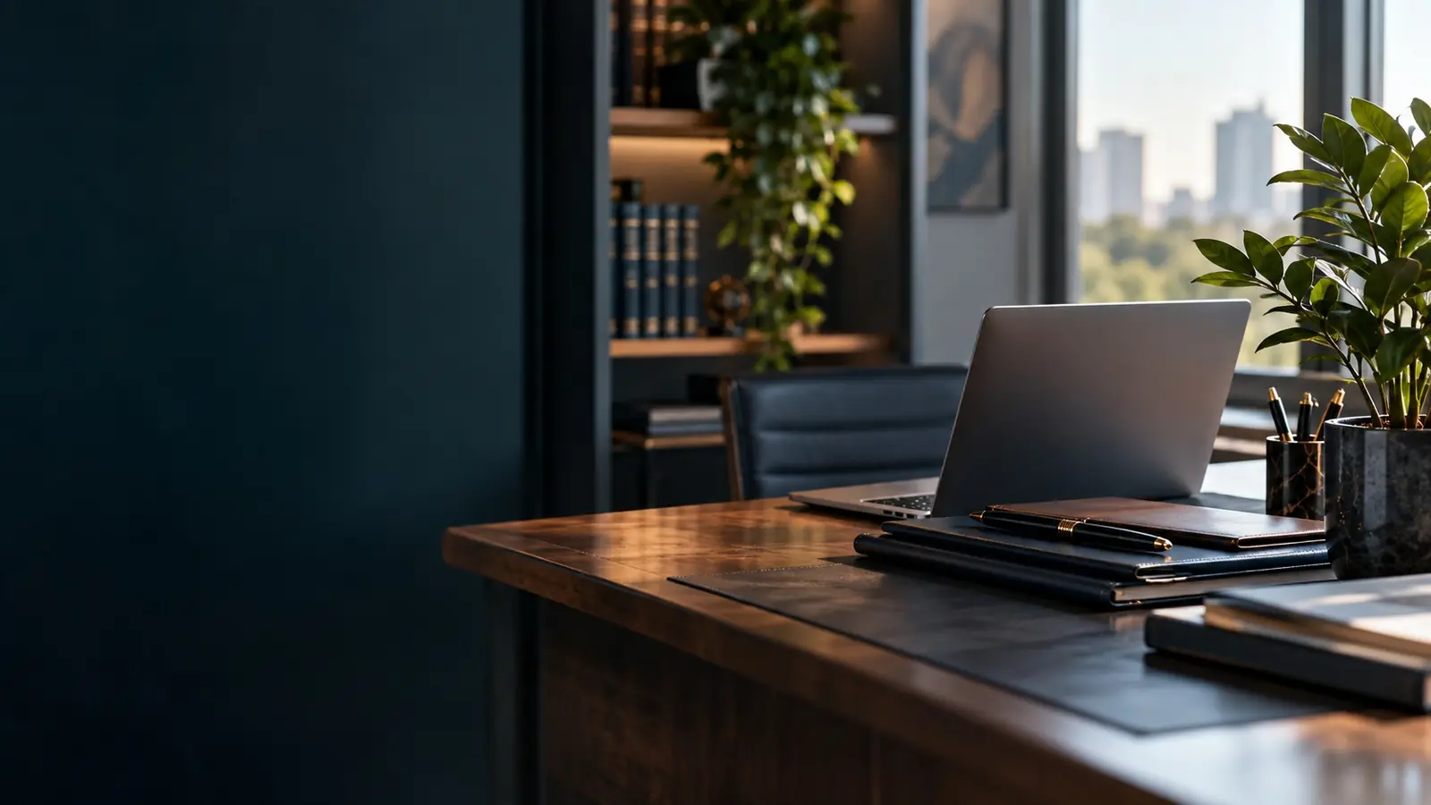 AST Advogados: mesa de escritório de advocacia com notebook, pastas e planta, sob luz da manhã
