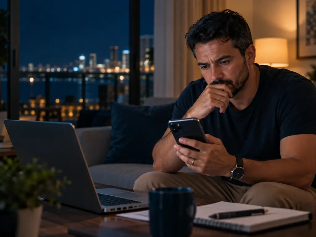 Golpe do Pix, o que fazer: homem no sofá, à noite, confere a transferência no celular, com o notebook aberto e um caderno de anotações na mesa