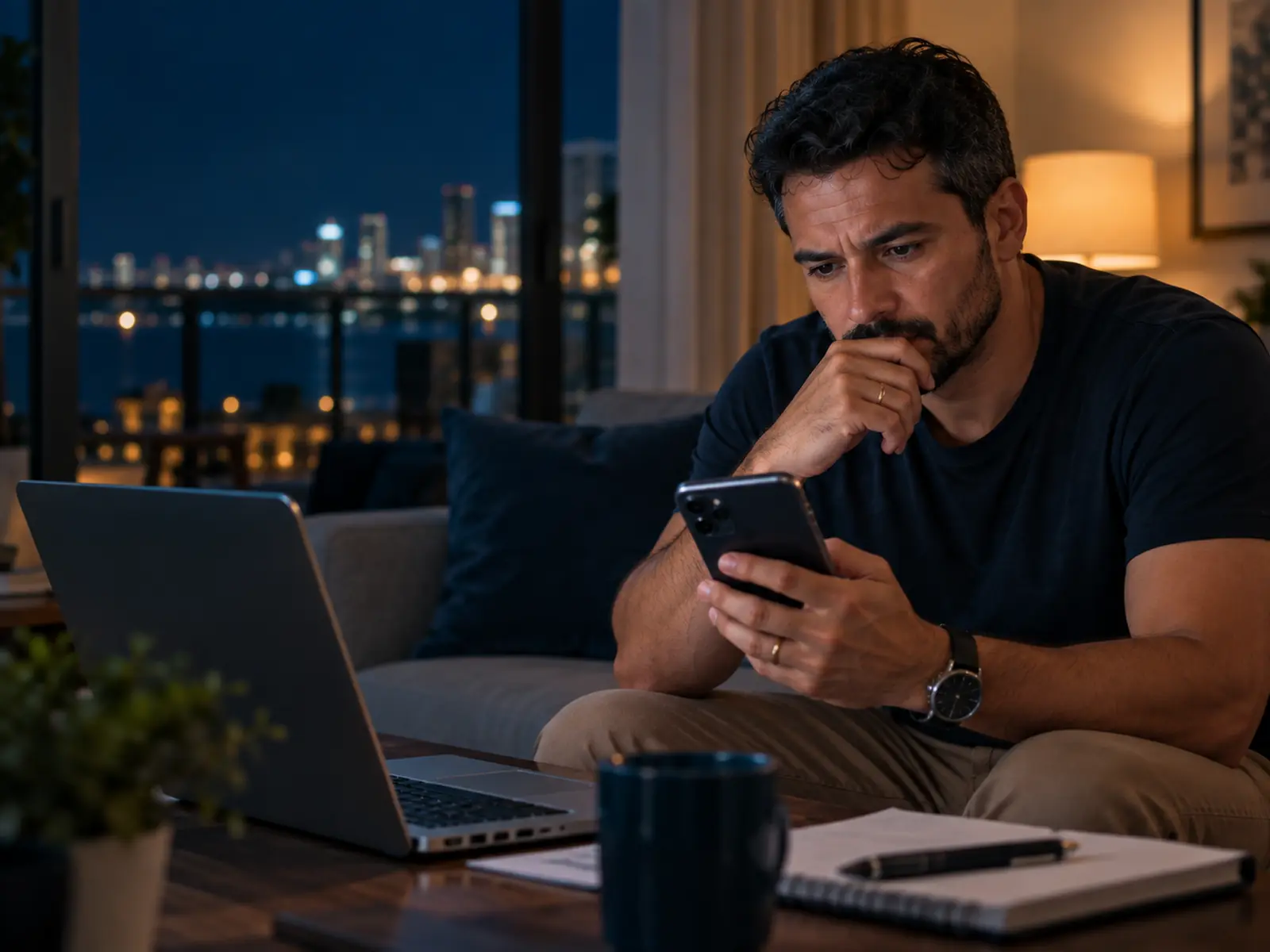 Golpe do Pix, o que fazer: homem no sofá, à noite, confere a transferência no celular, com o notebook aberto e um caderno de anotações na mesa