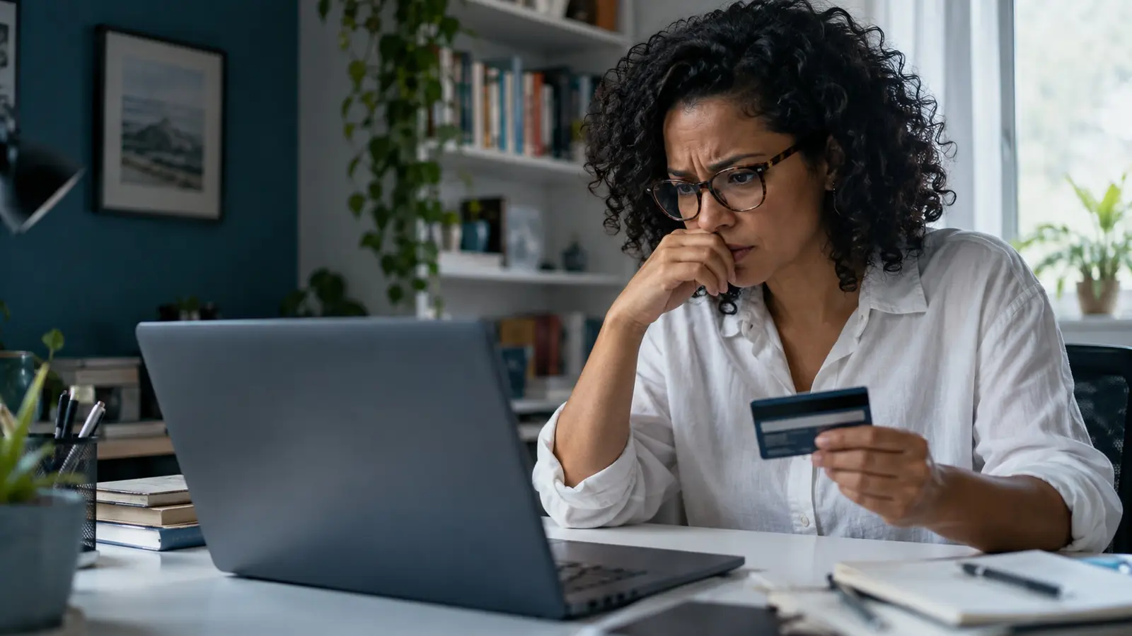 Mulher de óculos com o cartão de crédito na mão, conferindo compras que não reconhece no notebook
