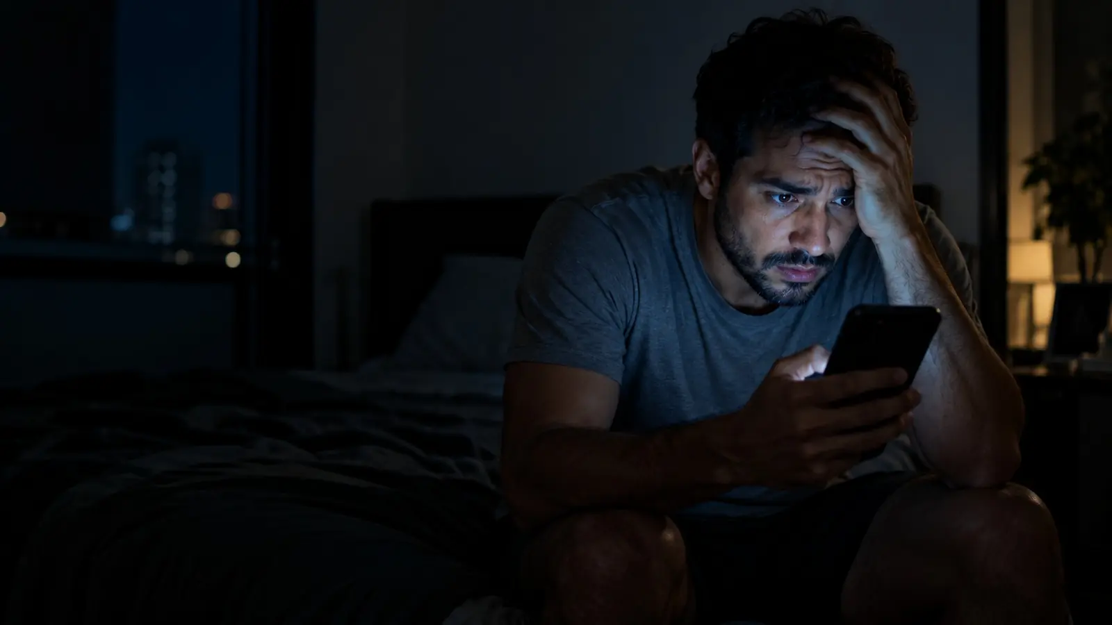 Homem no escuro com o rosto iluminado pelo celular, assustado com alertas de acesso à conta
