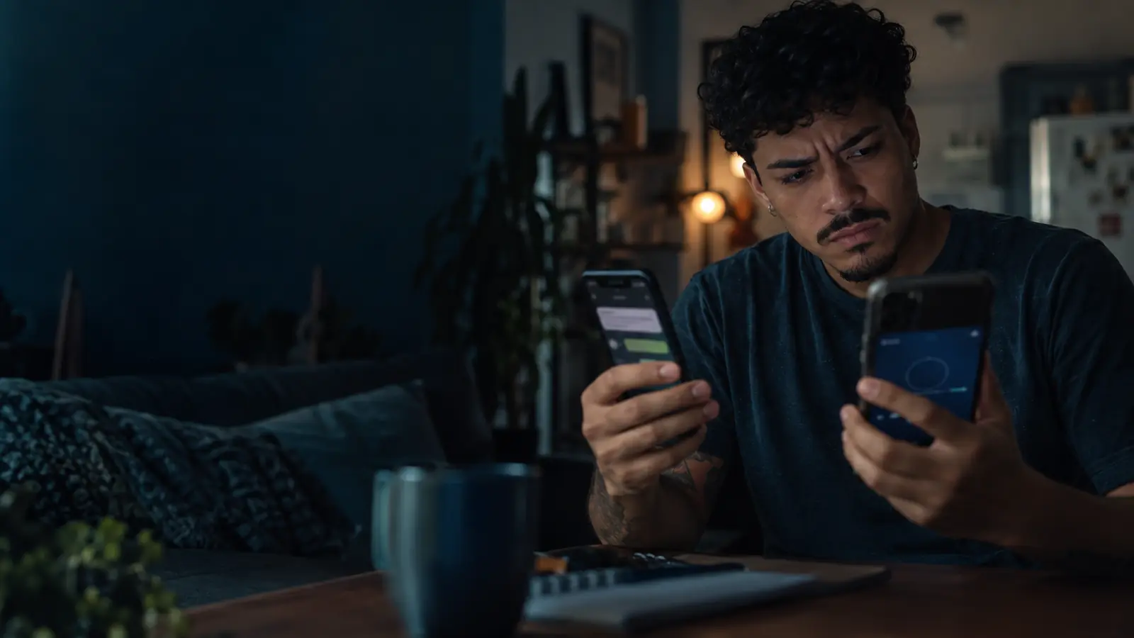 Jovem compara o saldo do aplicativo do banco com uma mensagem pedindo a devolução de um depósito