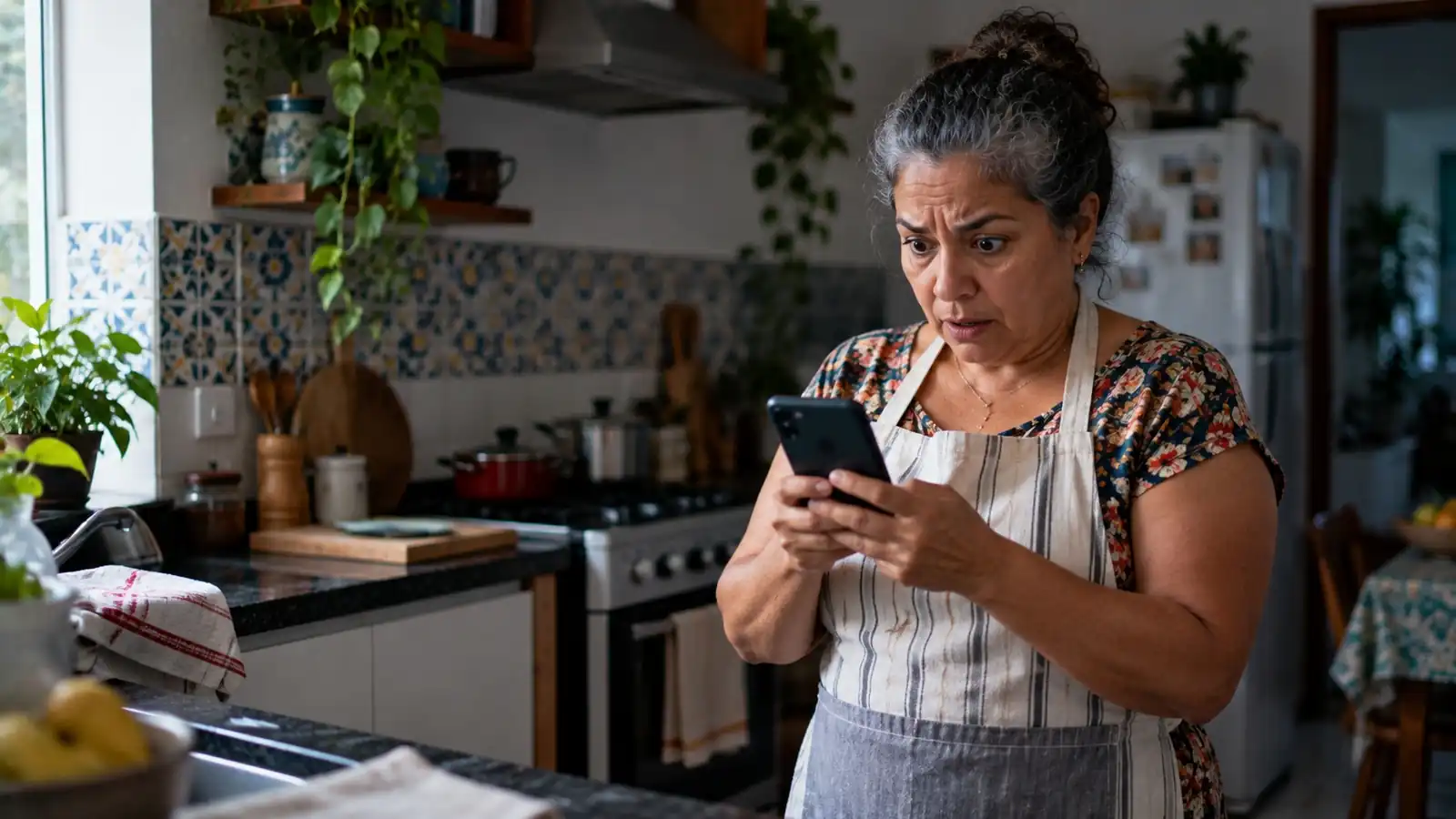 Senhora na cozinha surpresa com um depósito de empréstimo que não pediu