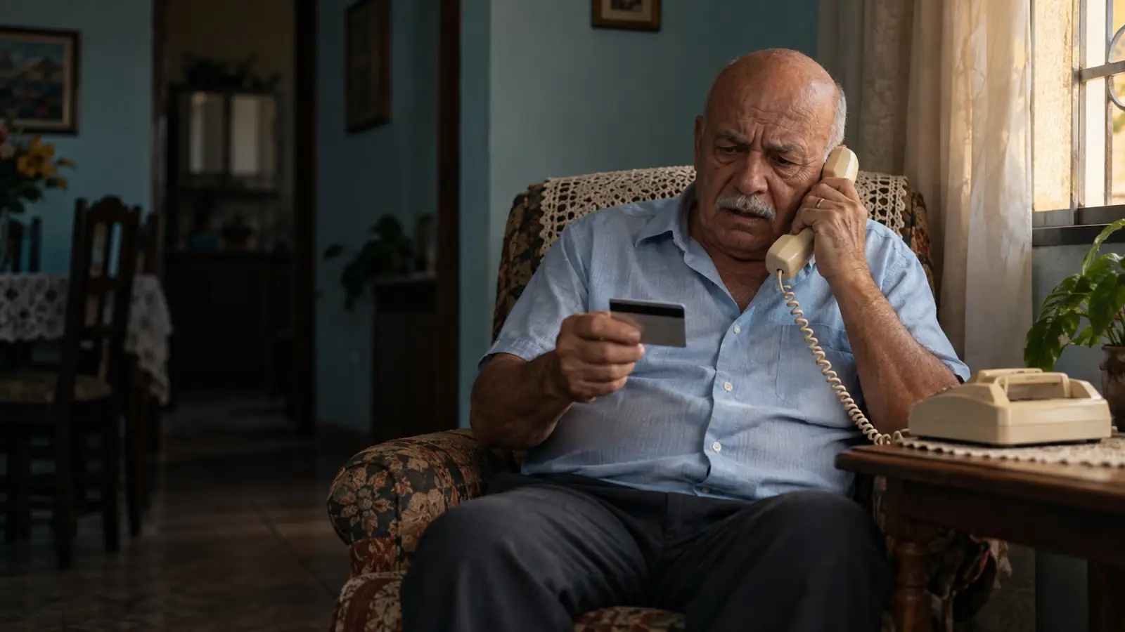 Senhor ao telefone fixo seguindo instruções com o cartão do banco na mão