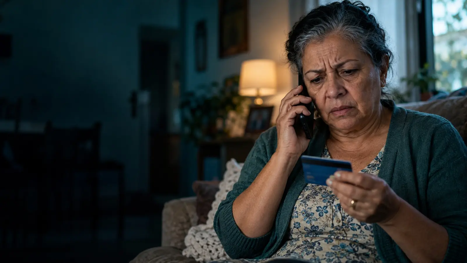 Senhora ao telefone em casa, desconfiada, segurando o cartão do banco