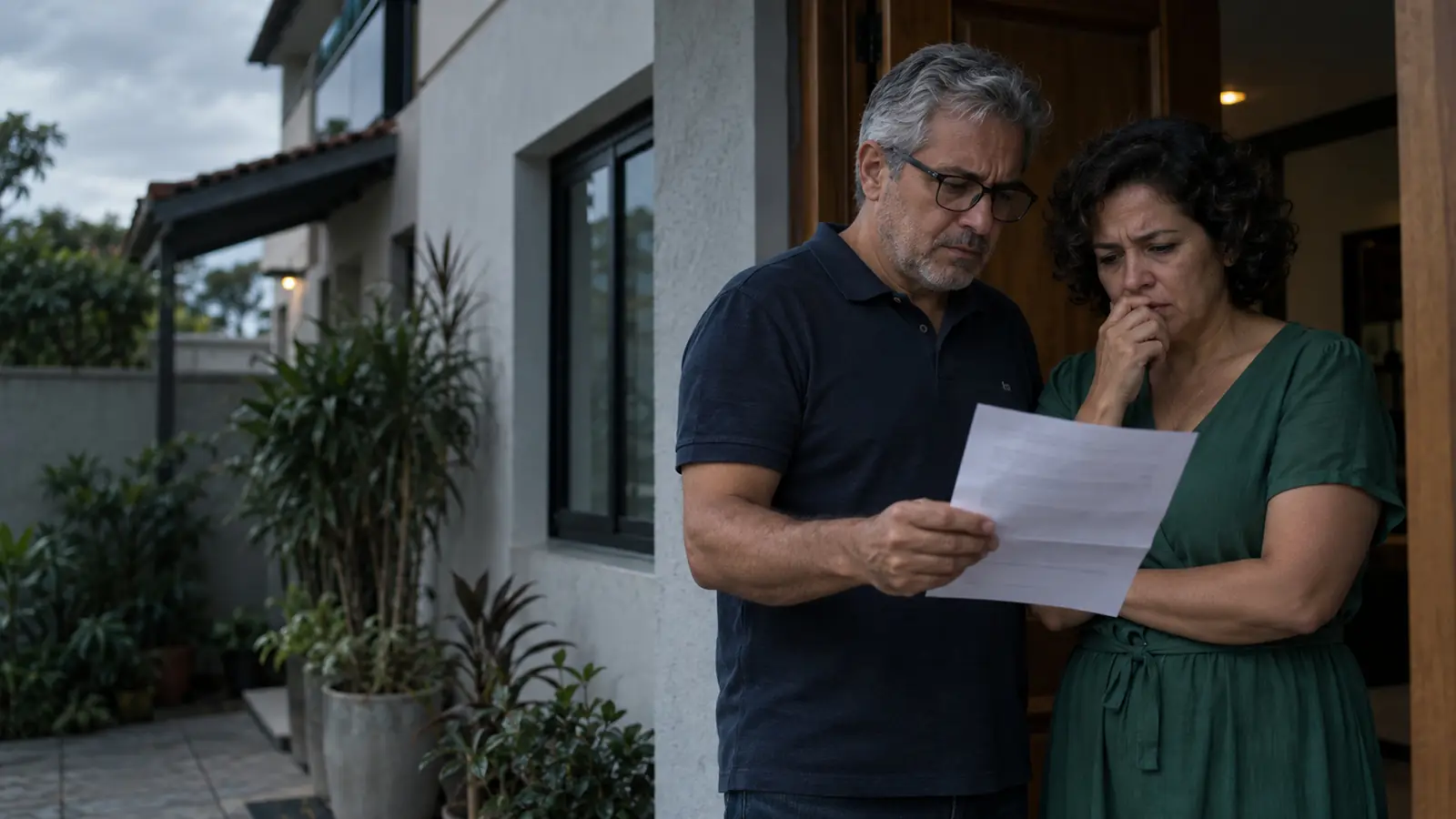 Casal na porta de casa lendo um aviso de leilão do imóvel, preocupado