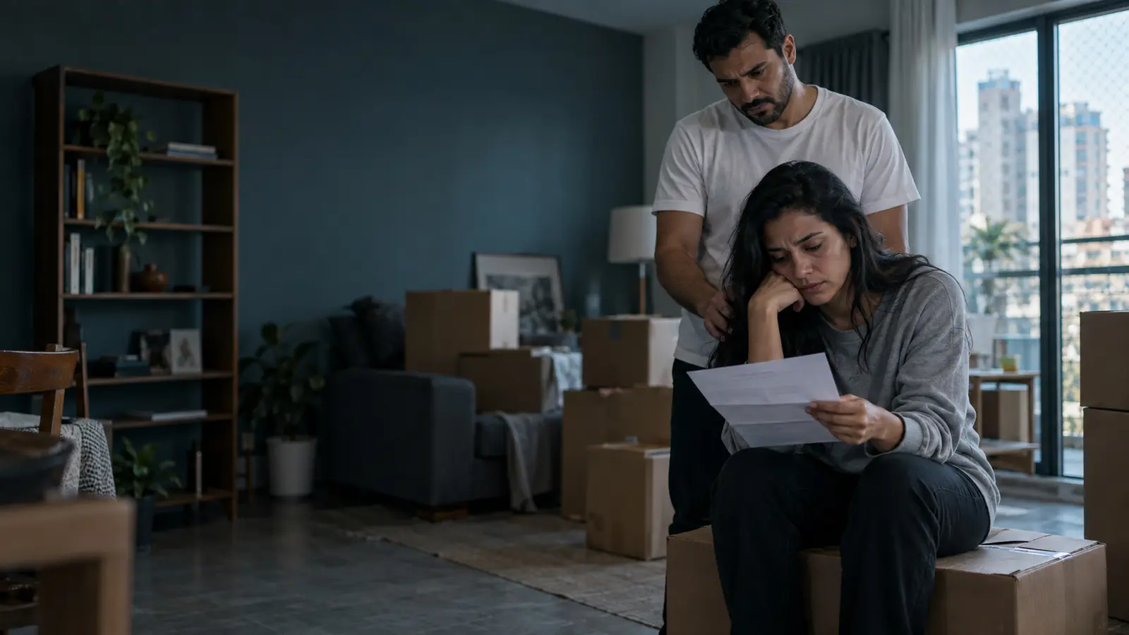 Casal no meio de caixas de mudança lendo uma notificação sobre o imóvel