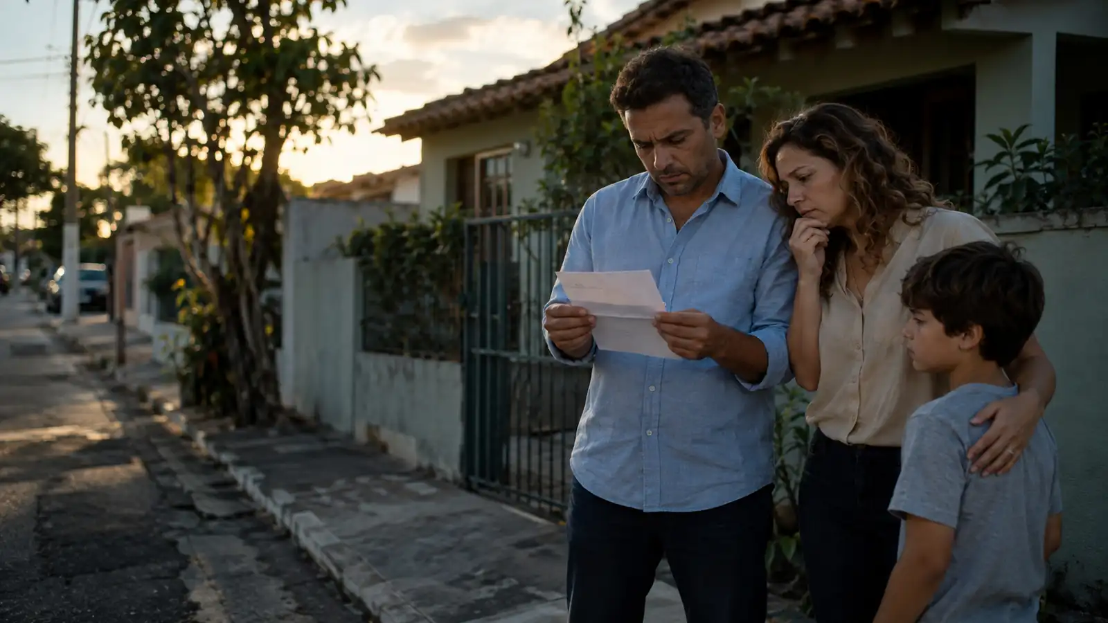 Família em frente à casa, com o pai segurando uma carta, preocupada