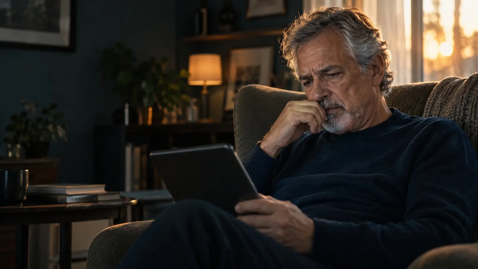 Senhor preocupado lendo no tablet a notícia da liquidação de um banco