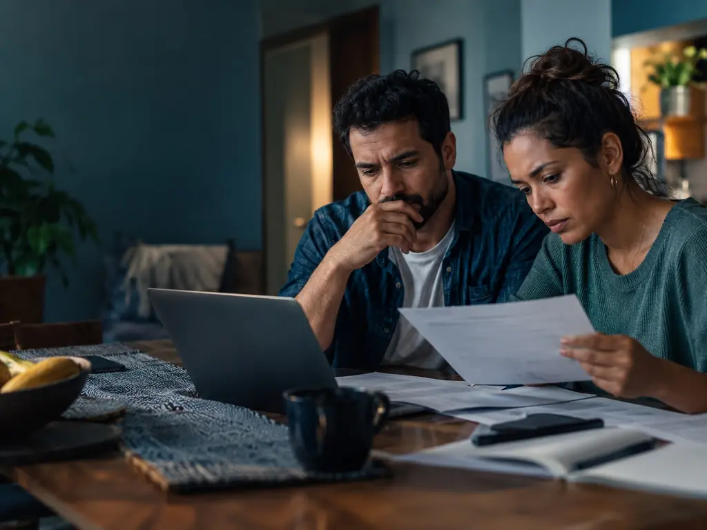 Juros abusivos: casal compara o contrato de empréstimo com os números no notebook