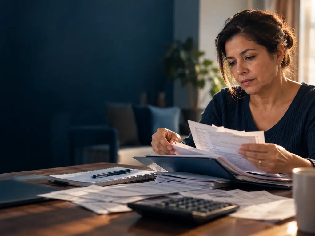 Lei do superendividamento: mulher organiza uma pilha de contas em uma pasta, com caderno e calculadora, determinada