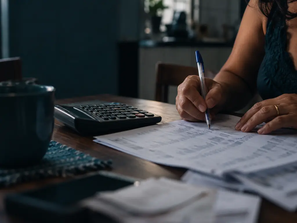 Margem consignável: mãos com calculadora sobre um contracheque com vários descontos