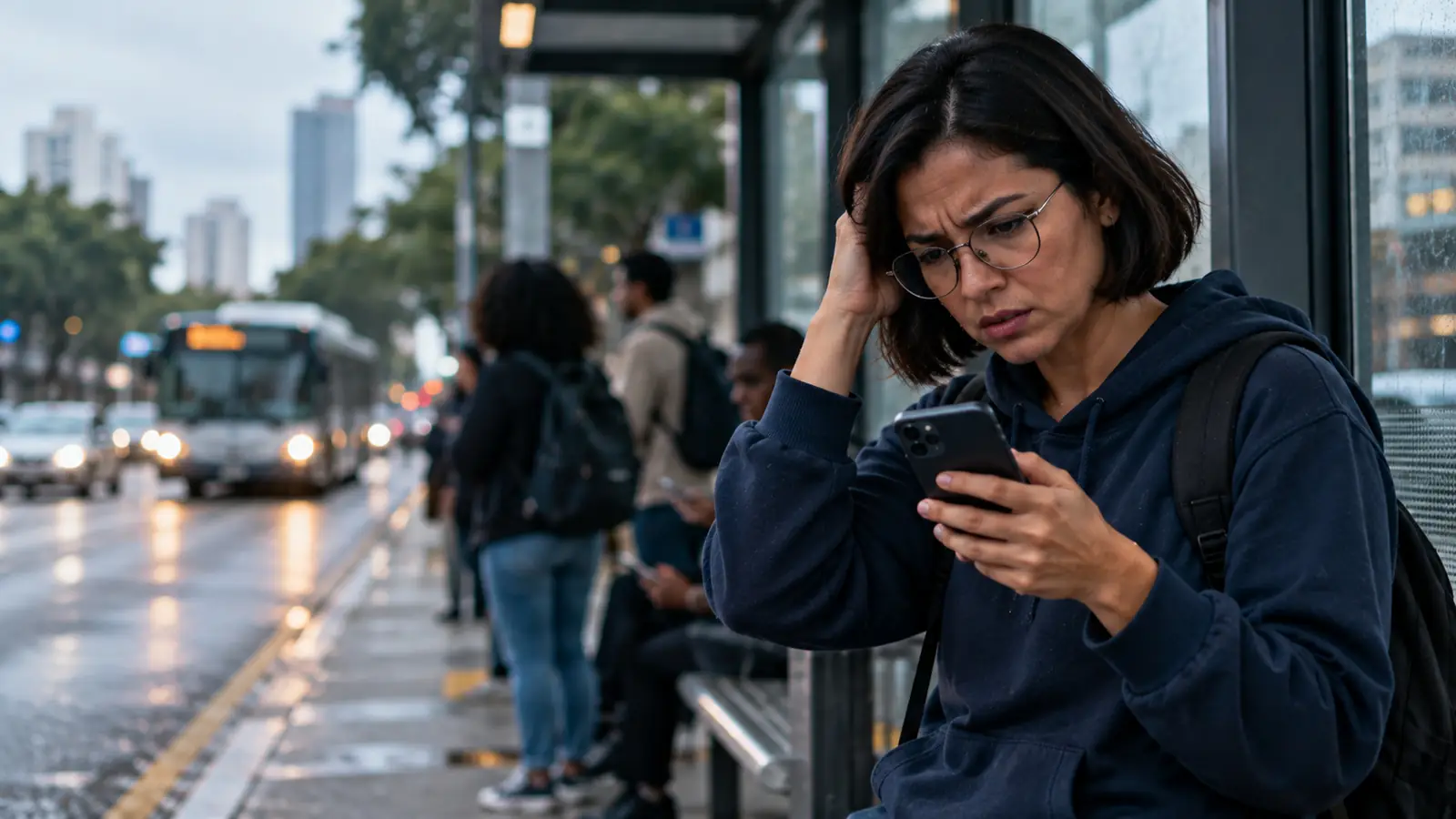 Jovem no ponto de ônibus, confusa com uma cobrança de empresa desconhecida no celular