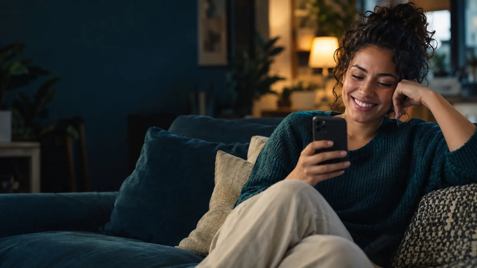 Mulher sorrindo para o celular no sofá depois de receber uma resposta
