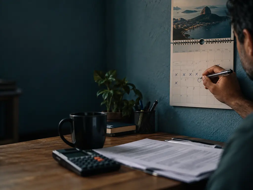Pro rata die: mão conta os dias no calendário ao lado de calculadora e contrato de empréstimo