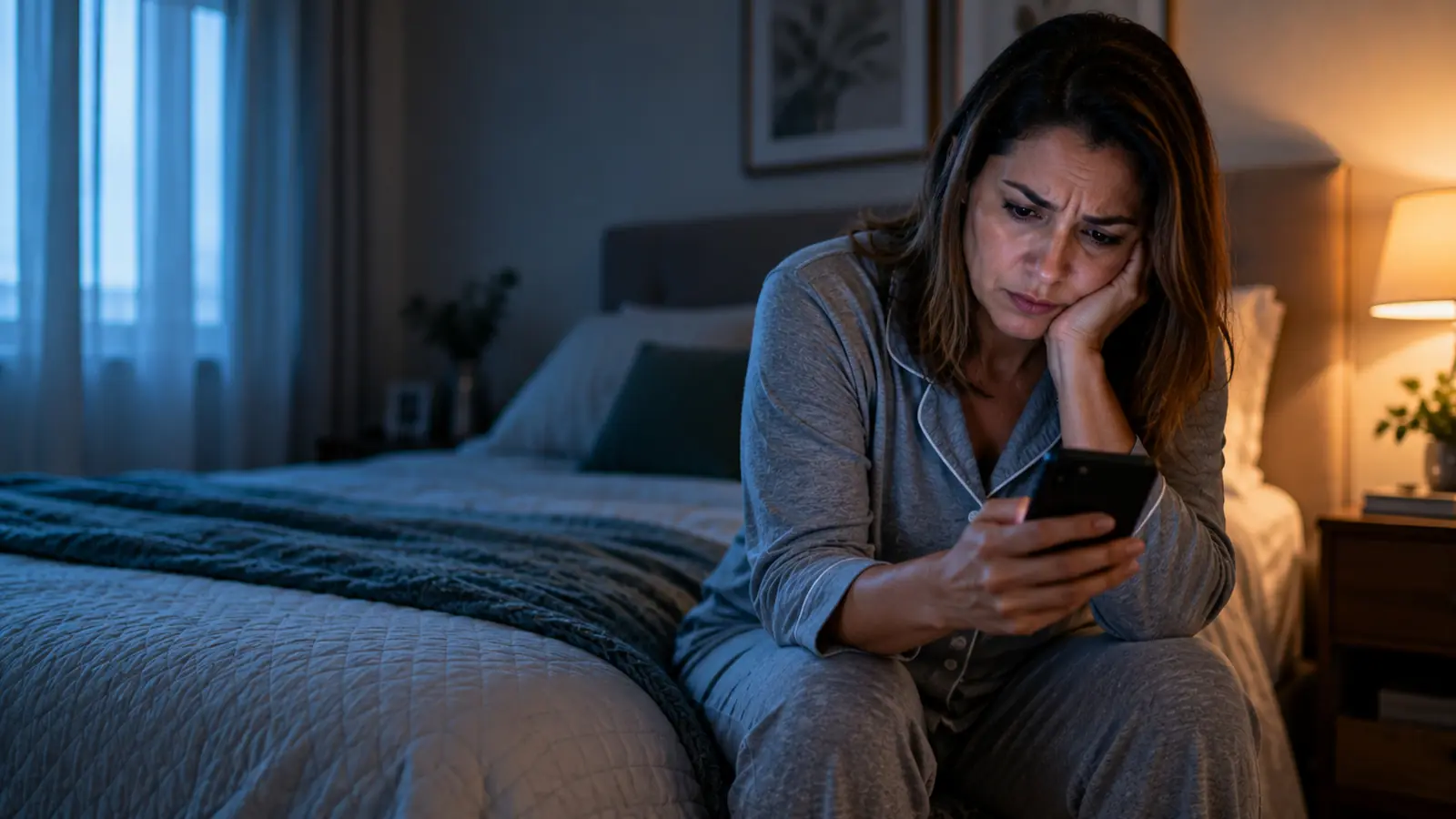 Mulher sentada na cama olhando o saldo negativo no celular
