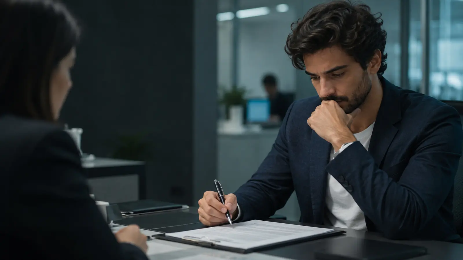 Homem hesitante antes de assinar um contrato de empréstimo pessoal